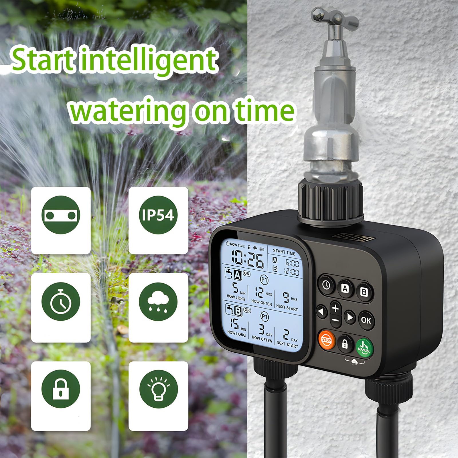 Robusto timer dell'acqua in PVC con capacità minima di 35 litri e display trasparente per giardinaggio e vacanze