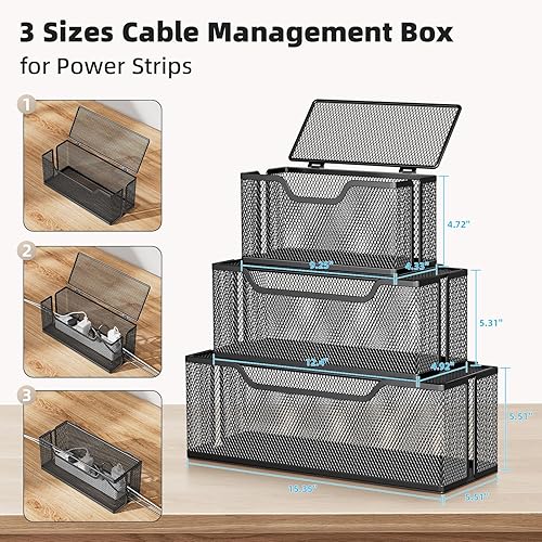 Miniatura 2 de Marbrasse Paquete de 3 cajas de organización de cables, caja organizadora de cables de malla metálica para cables de TV, ocultación eléctrica,