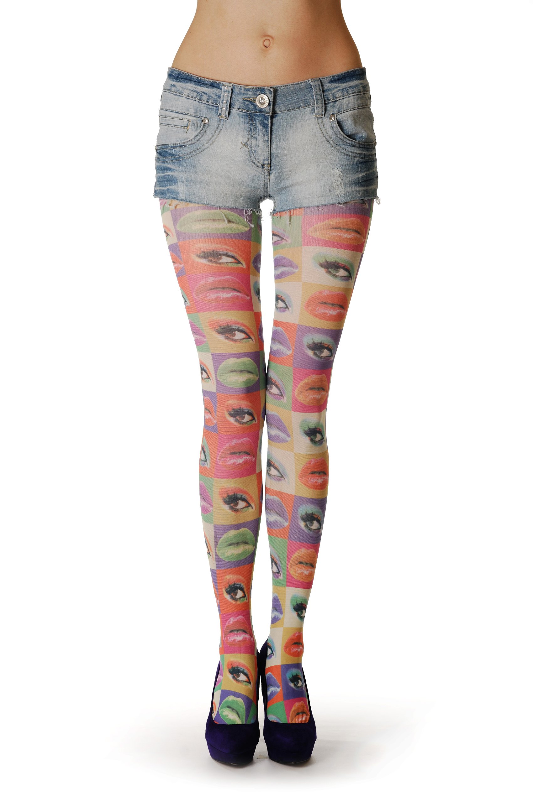 Colourful Lips & Eyes - Multicoloured Printed Designer Opaque Tights