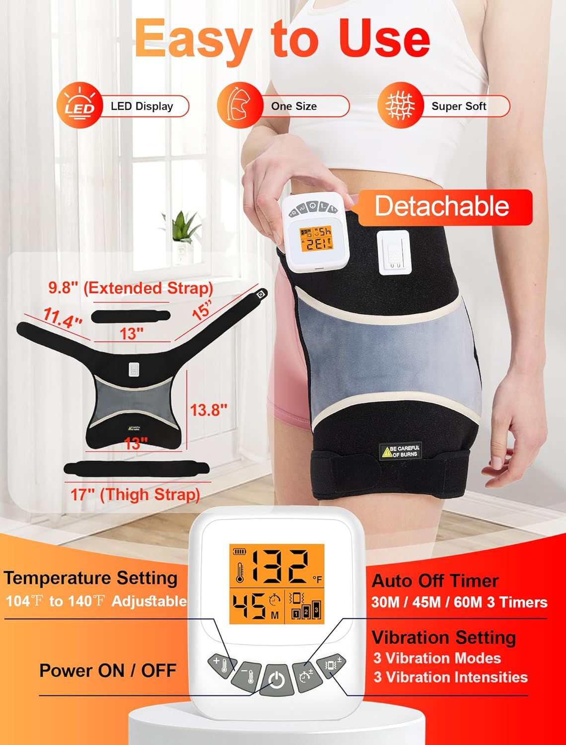 CAMECO 2-in-1 Cordless Hip Heating Pad with Massage for Sciatica Pain Relief, 5000mAh Battery & 104℉-140℉ Heated Hip Brace for Women Men Arthritis, Rechargeable Hip Massager Heat Pad for Home Office