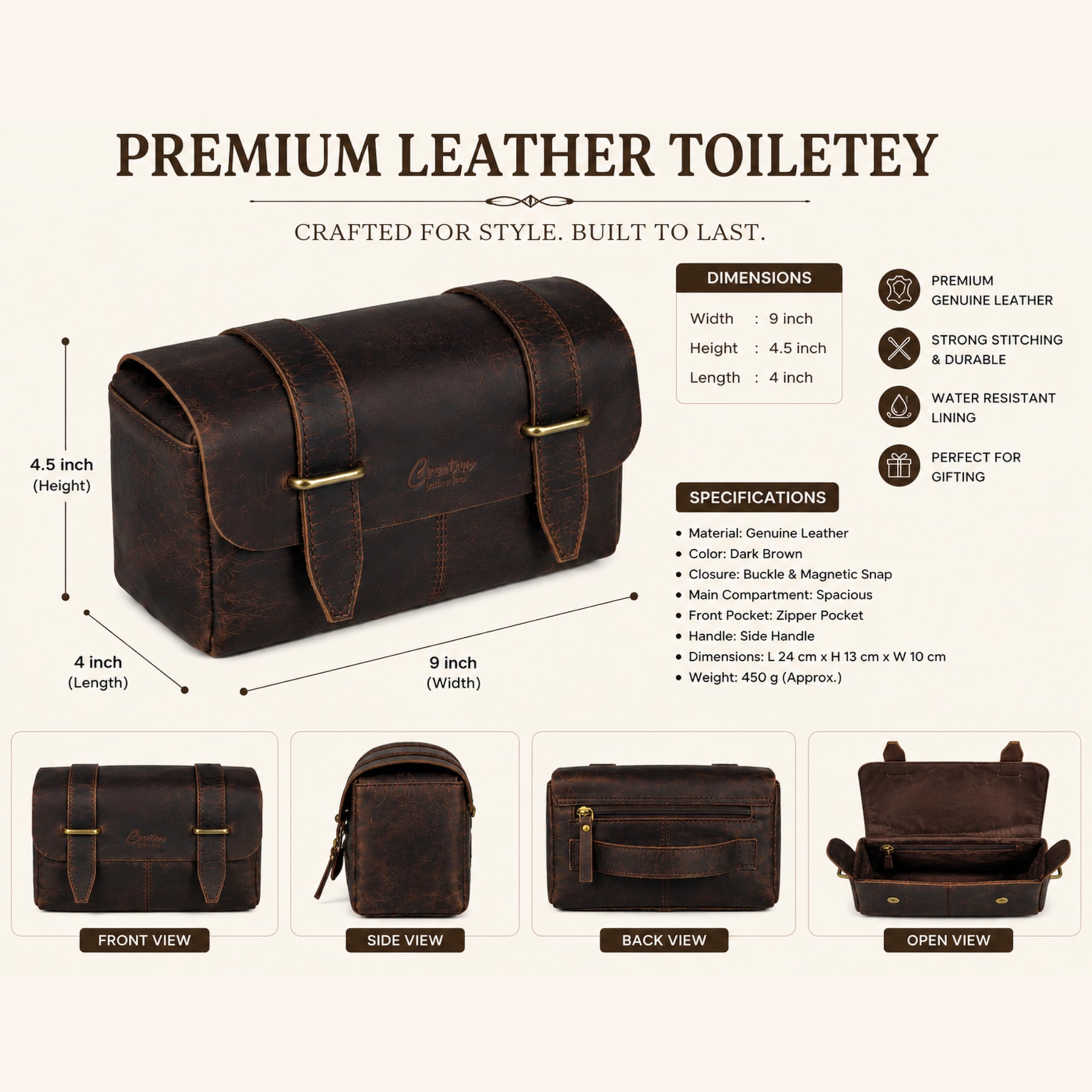 cuero CLA - Neceser de cuero de grano completo de alta calidad para hombres y mujeres | Kit de dopp vintage y bolsa para kit de afeitado | Bolsa organizadora de viaje hecha a mano y herrajes de latón