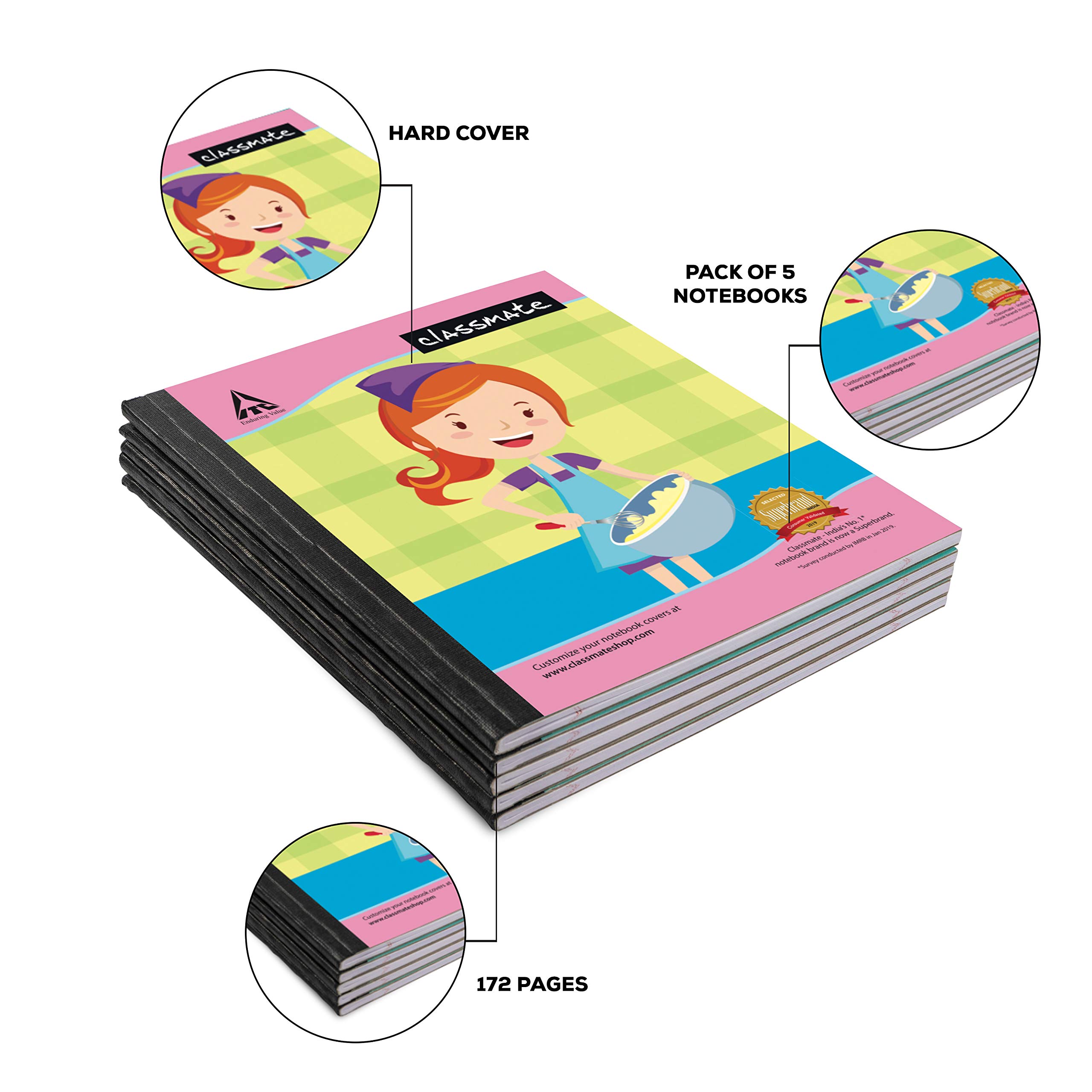 Classmate Notebook - Unruled, 172 Pages, 190 mm x 155 mm - Pack of 5 3