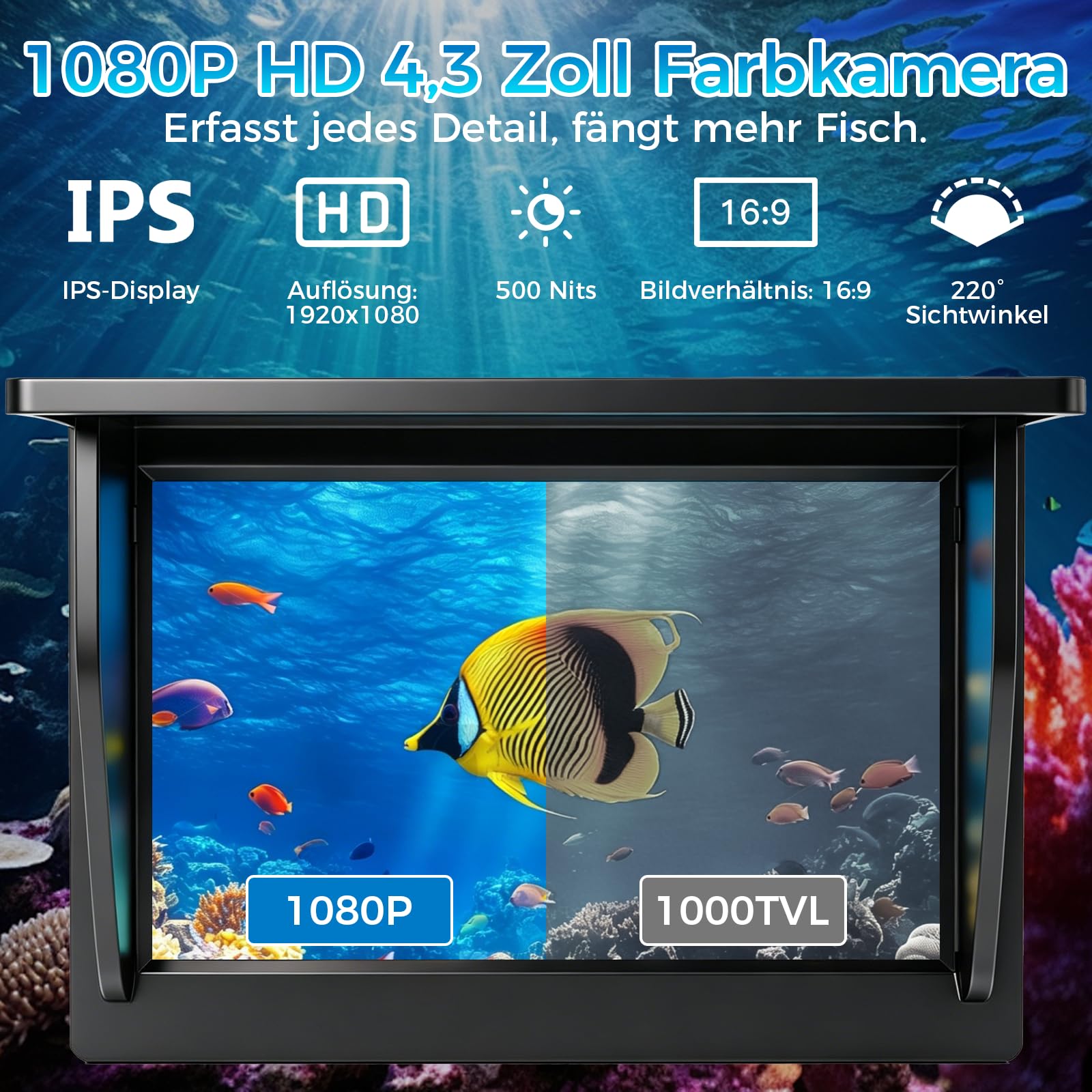 Unterwasserkamera Angeln,1080P HD Fischfinder mit 4.3-Zoll-LCD 15m Wasserdichtem IP68 Kabel 12 IR-Nachtsichtlichtern Fish Finder Kamera Meeresangeln Eisfischen Flussangeln Angeln am See