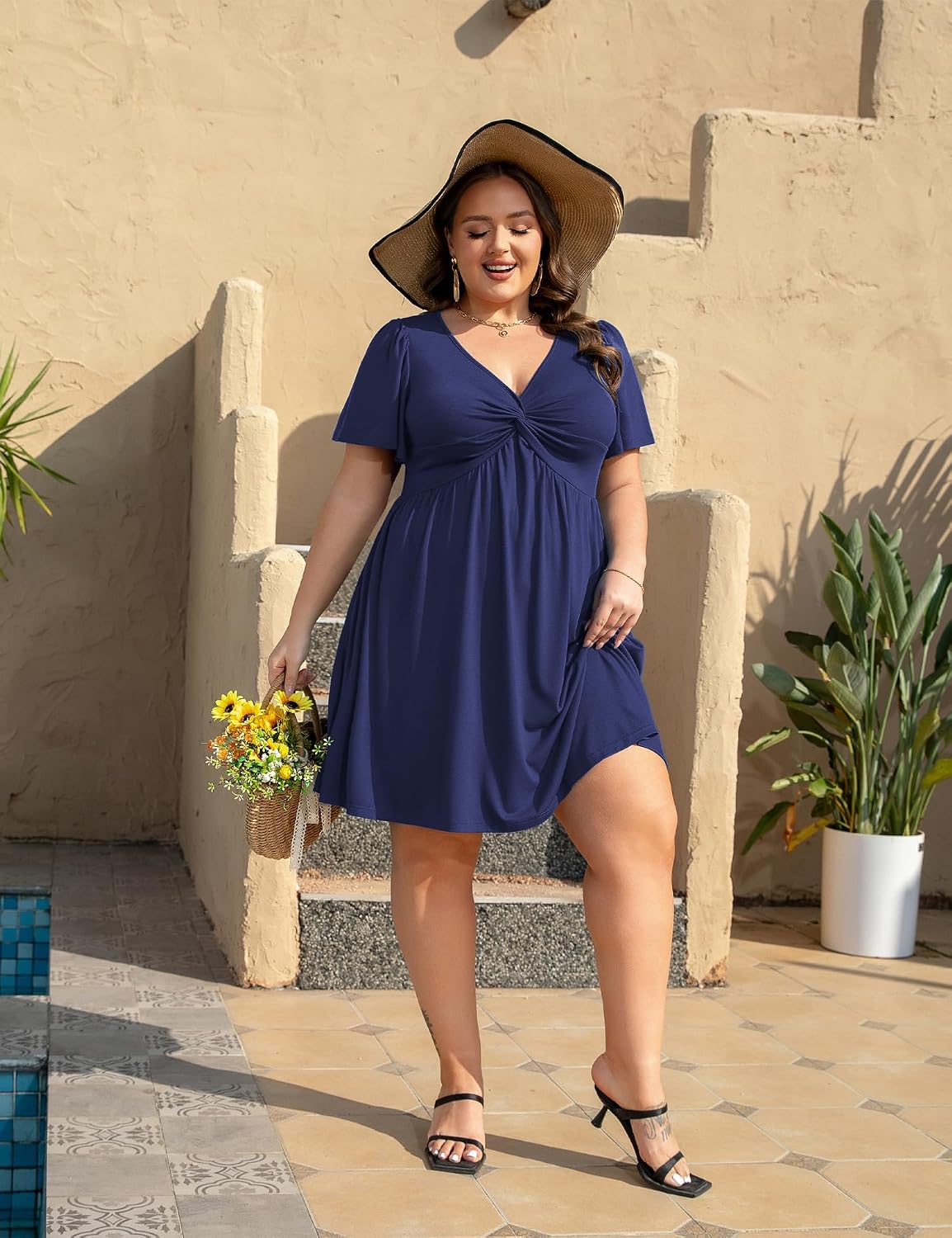 Manllenshie Womens Plus Size Summer Dress Casual Short Sleeves Deep V Neck Twist Knot Front Flowy Dress with Pockets