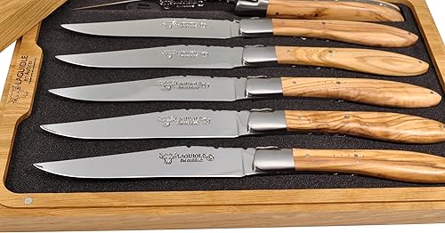 Miniatura 5 de Laguiole en Aubrac L uxury: cuchillos para carne de acero inoxidable, 6 piezas, con asas de madera de olivo, refuerzos cepillados de acero inoxidable