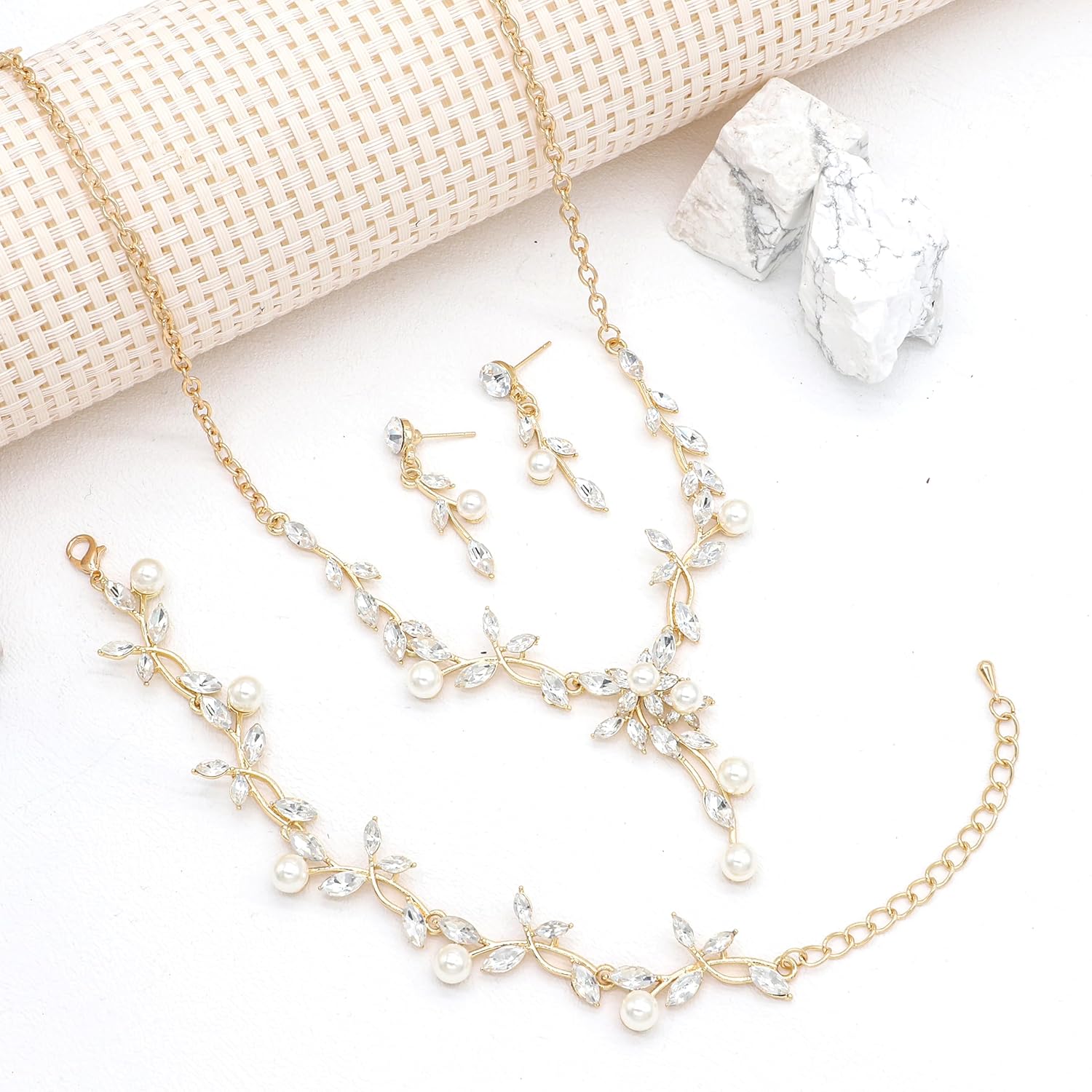 Oriamour Rhinestone Wedding Jewelry Sets for Bridal Women Crystal Necklace Bracelet Earrings Set Prom Jewelry Set for Brides - Image 5