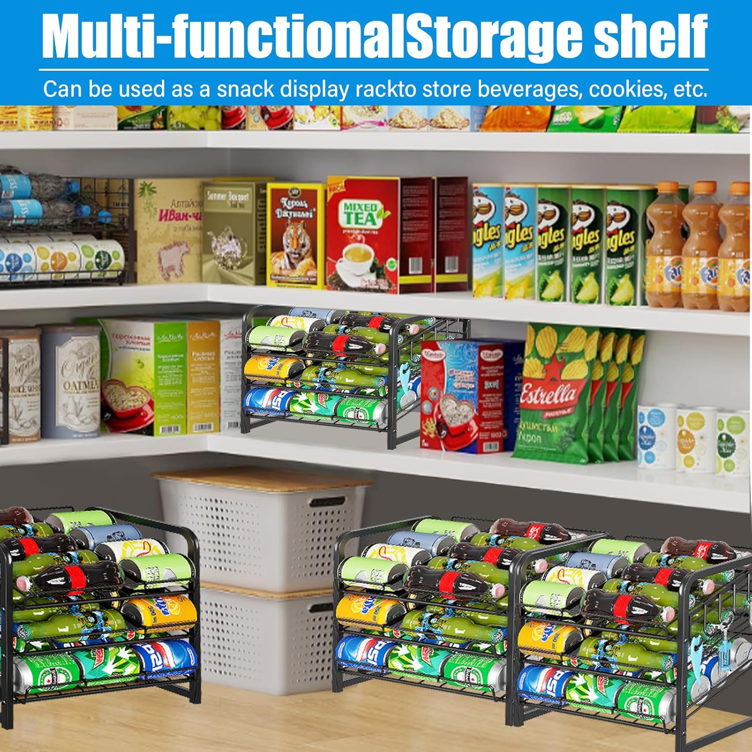 6-Tier Stackable Soda Can Rack Organizer for Pantry, Adjustable Can Dispenser Holds Up to 60 Cans, with 12 Hooks, Can Storage Holder for Various Ounces of Canned Food Soda Drinks, Black, 2 Pack