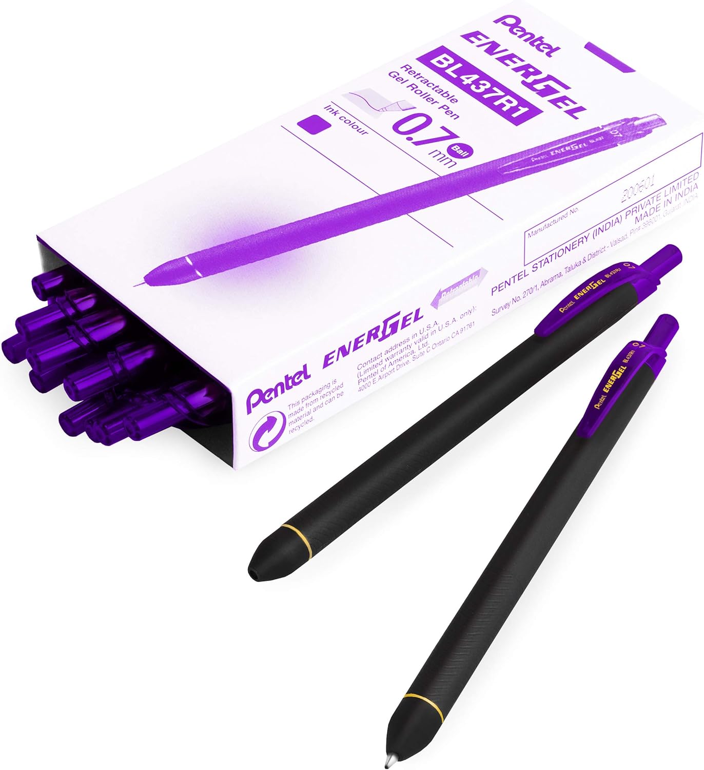 Pentel Energel BL437R1 Retractable Gel Ink Rollerball Pen - 0.7mm Nib - Violet - Pack of 14