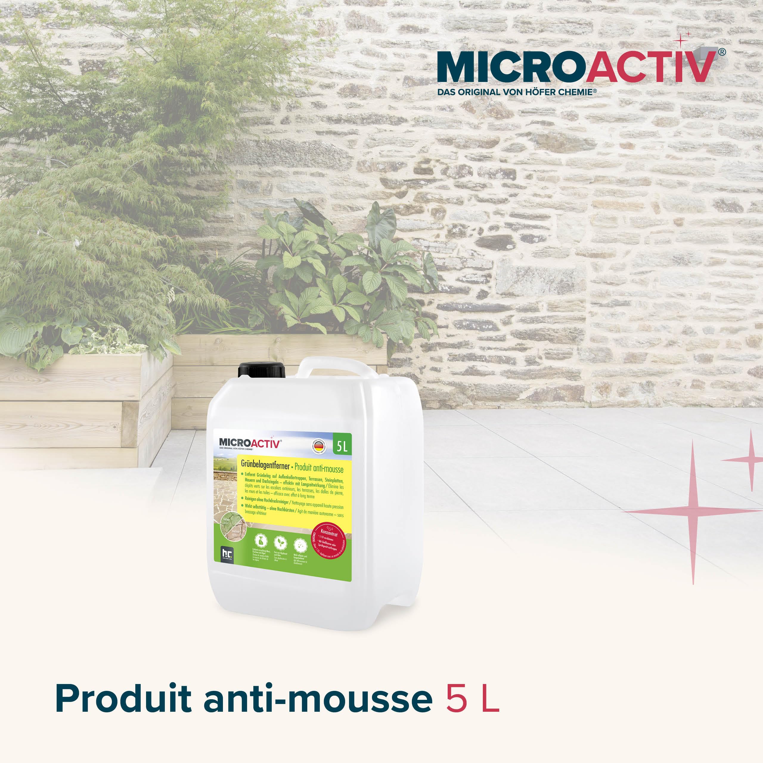 MICROACTIV® Nettoyant Pierre et Anti-Mousse Concentré 1 x 5L - Destructeur de Dépôts Verts, Algues et Lichens pour Terrasse, Mur, Toiture - Formule Autonettoyante Professionnelle