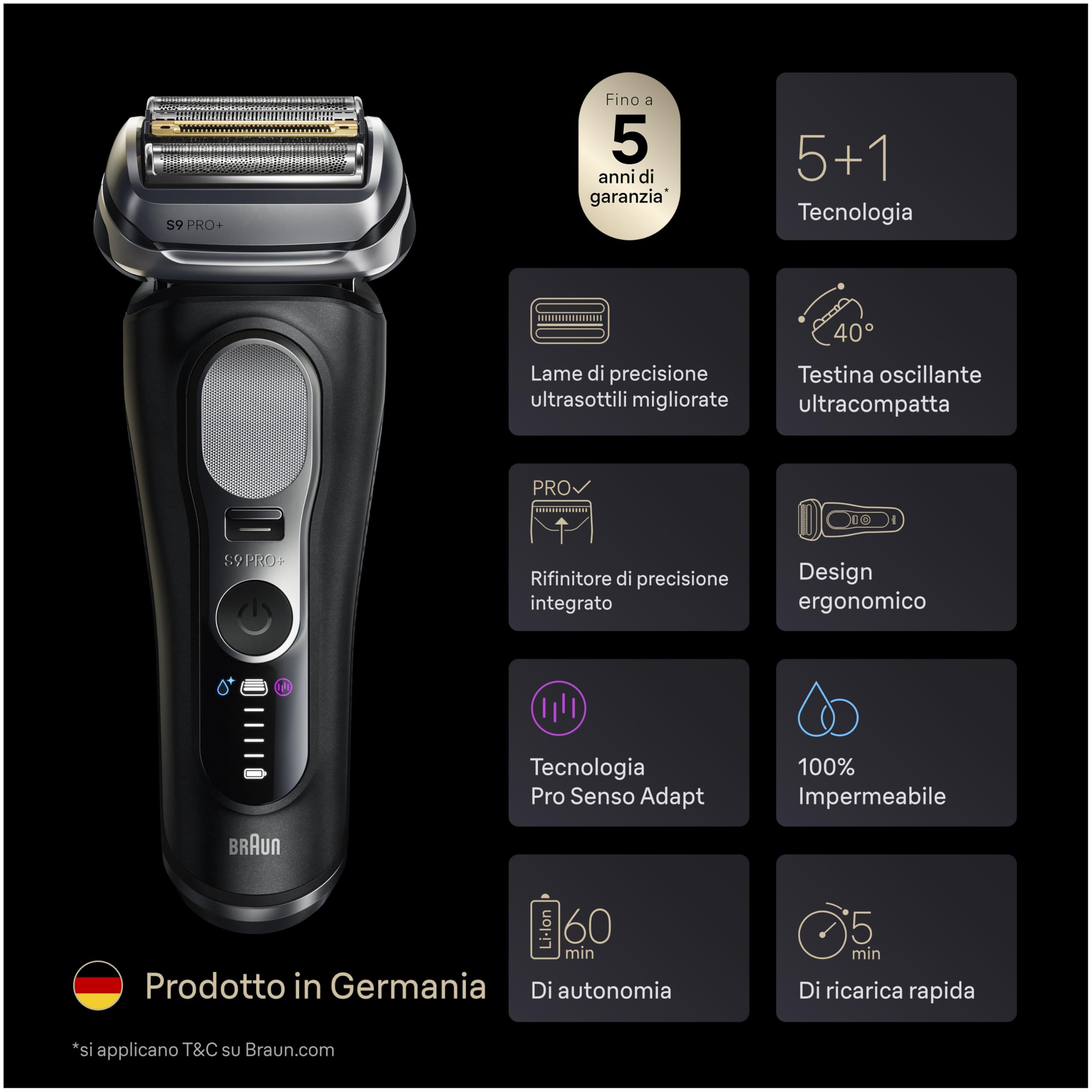 Braun Serie 9 PRO + Rasoio Elettrico Barba, Wet&Dry, 5+1 Lame Di Precisione Ultra Sottili, Regolabarba Uomo, Rasoio Barba, 60 Min Utilizzo, Testina ProComfort, Stazione SmartCare 6in1, 9690CCE, Nero