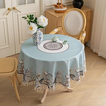 Designer Blue Cotton Floral Tablecloth for Round Tables,Fringed Edges with Leaves and Flowers Pattern Tablecloths,Table Cover Cloth Decorative for Kitchen Dining Room,60"Round