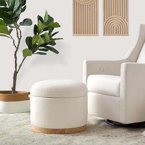 Miniatura 2 de Babyletto Naka - Otomana de almacenamiento en tejido ecológico color crema de alto rendimiento, con base de madera clara, repelente al agua y Crema
