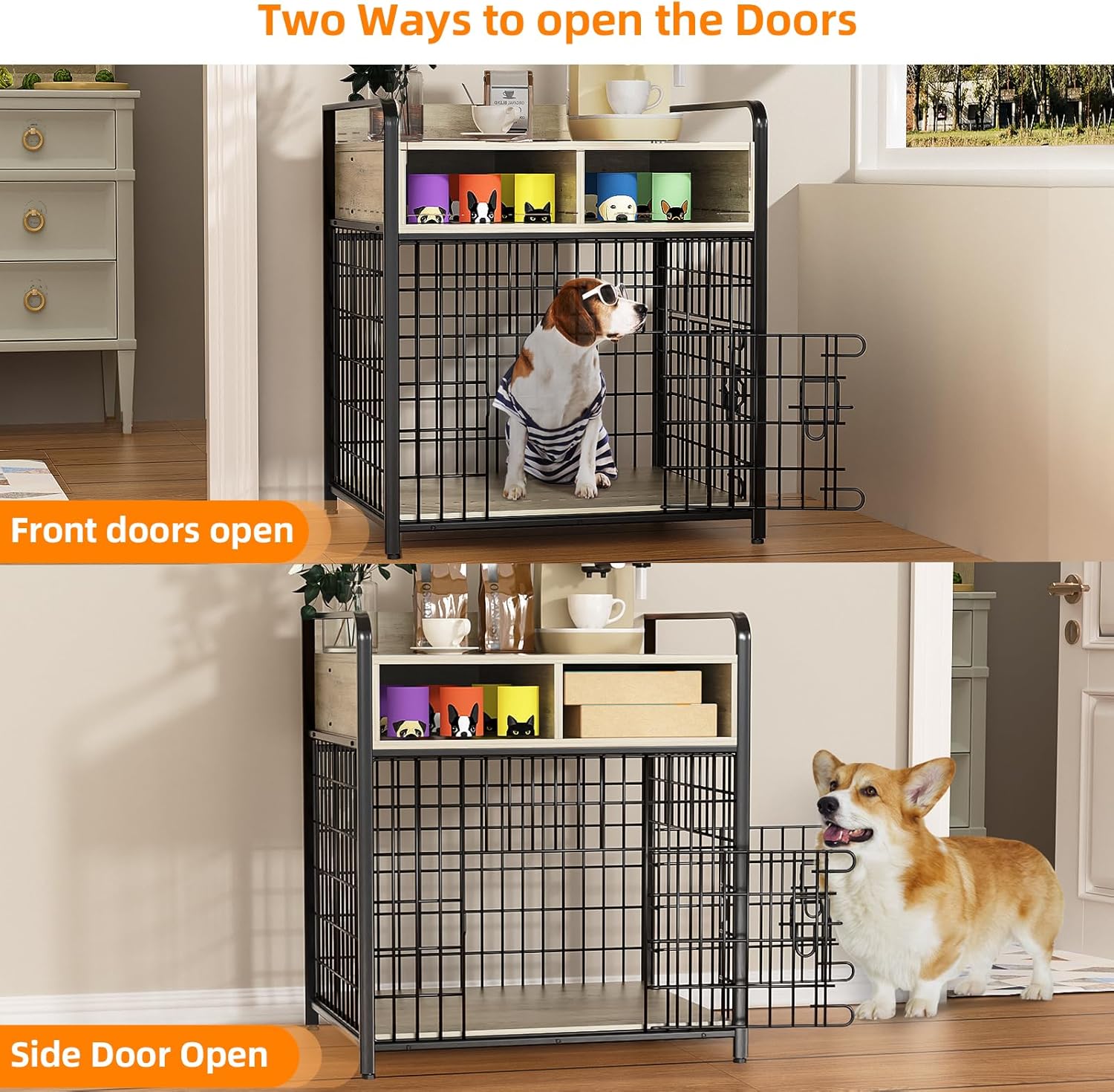 Kepptory Small Dog Crate Furniture with Drawers Storage, Puppy Dog Kennel Indoor with Double Doors, Heavy Duty Wooden Dog Cage Table, Sturdy Metal, Gray