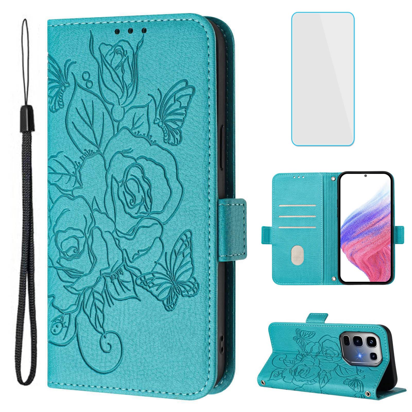 OUEAYIEN for Infinix Note 50 Pro Plus 5G Phone Case Wallet with Screen Protecter RFID Blocking Flip Card Women Cell Phone Cover Floral Blutterfly Case for Infinix Note 50 Pro+ Note50Pro+ Light Blue