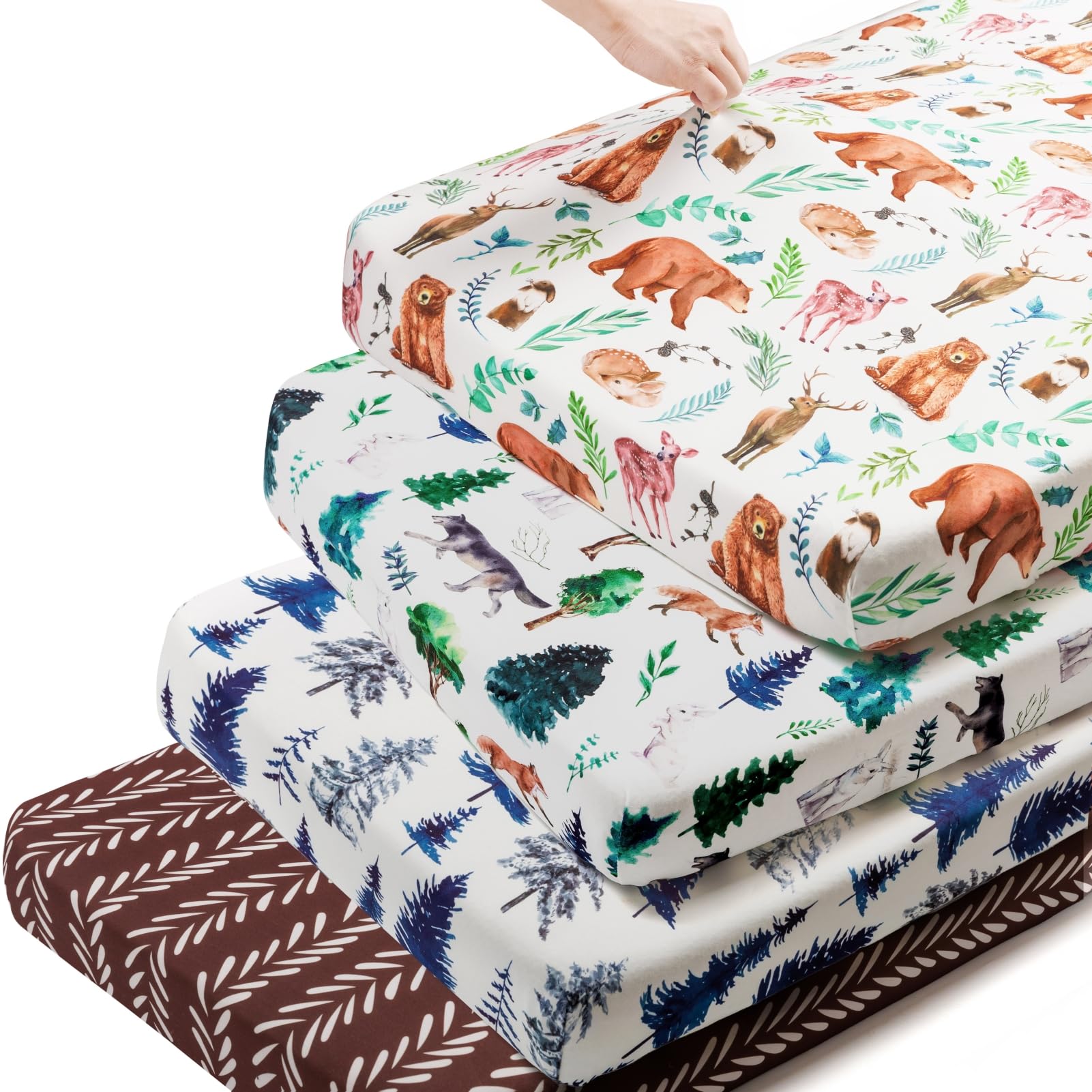 4 Pack N Play Sheets Woodland Forest Animals Wood Neutral Unisex Fitted Baby N Play Sheets Fitted for Standard Pack and Plays and Mini Cribs Set for Baby Boys or Girls