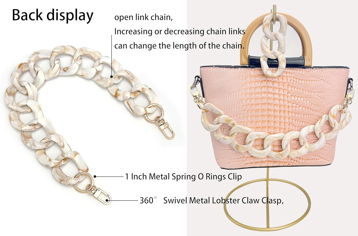 AUMEY 18 inch Oval Acrylic Chain and Clear Hand Bag Chain Set with Buckles - Image 3