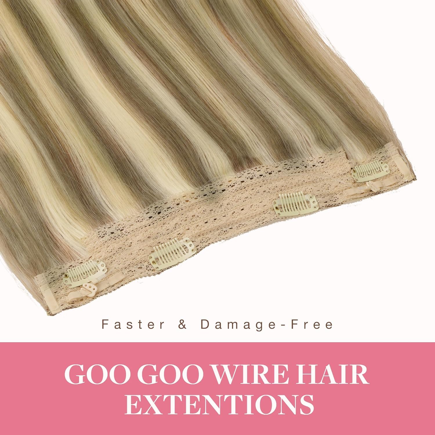 GOO GOO Wire Hair Extensions Human Hair, #P8B/60B 16inch 95g, Invisible Wire Hair Extensions with Transparent, Seamless Fish Line Hairpiece