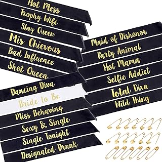 ANGREEL 18Pcs Bride to Be Sashes Set with 1pcs White Bride to Be Sash + 17pcs Black Team Bride Sashes Hen do Sash for Bridesmaid Bridal Shower Wedding Favors Bachelorette Party Supplies Decor