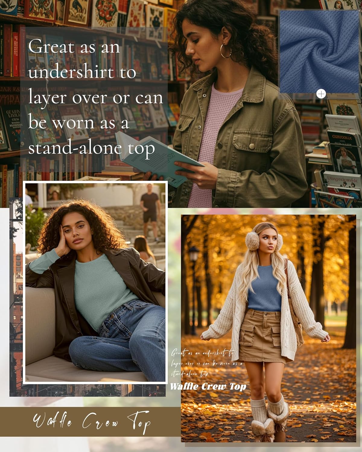 3 Pack Women's Waffle Knit Long Sleeve Shirts, Crew Neck Slim Fit Thermal Tops Casual Stretch Basic Pullover - Image 5