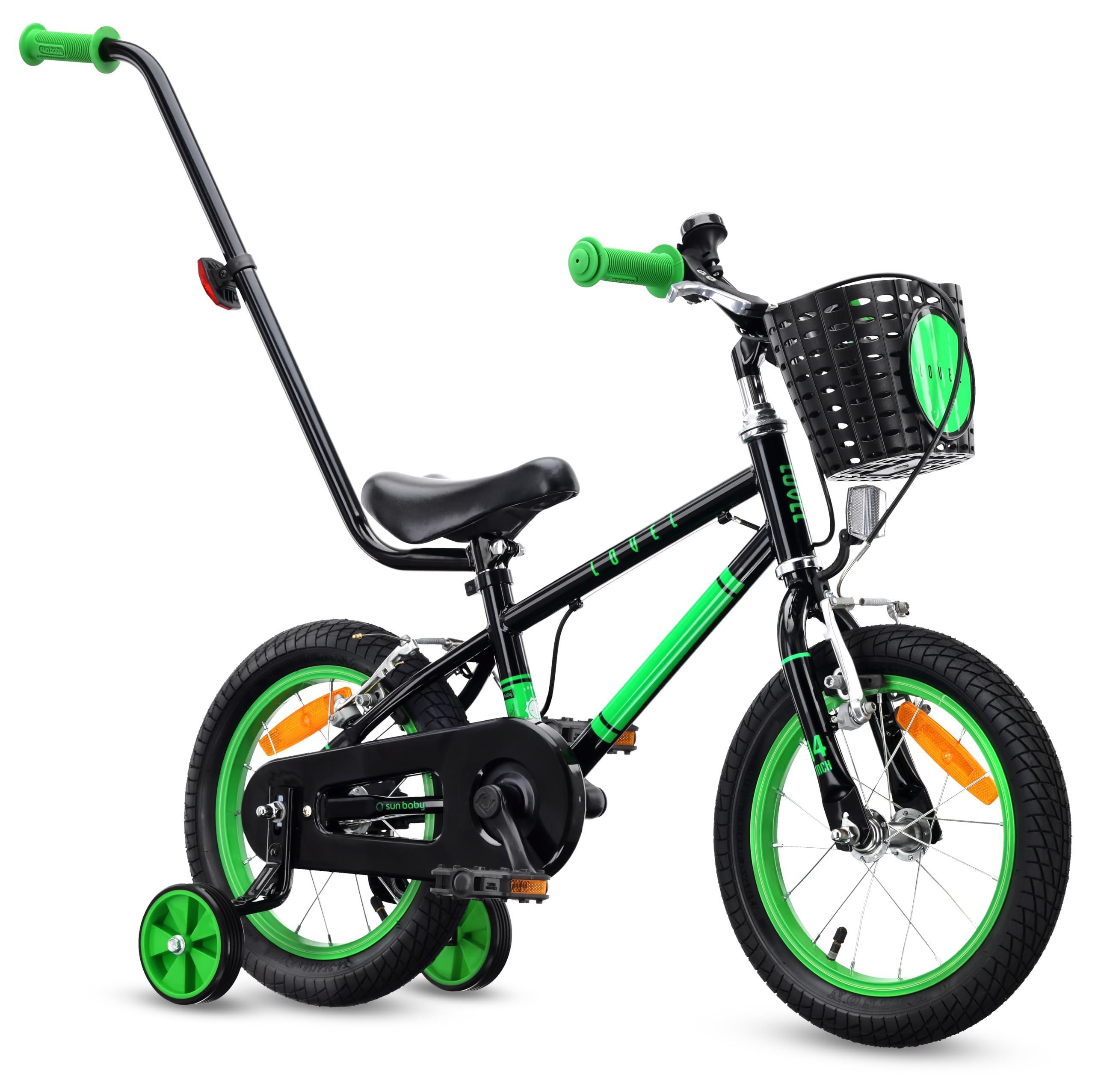 sun baby Kinderfahrrad 14/16 Zoll LOVEL - Mädchenfahrrad und Jungenfahrrad, 3-6 Jahre, max. 50 kg - Korb, Klingel, Kettenschutz