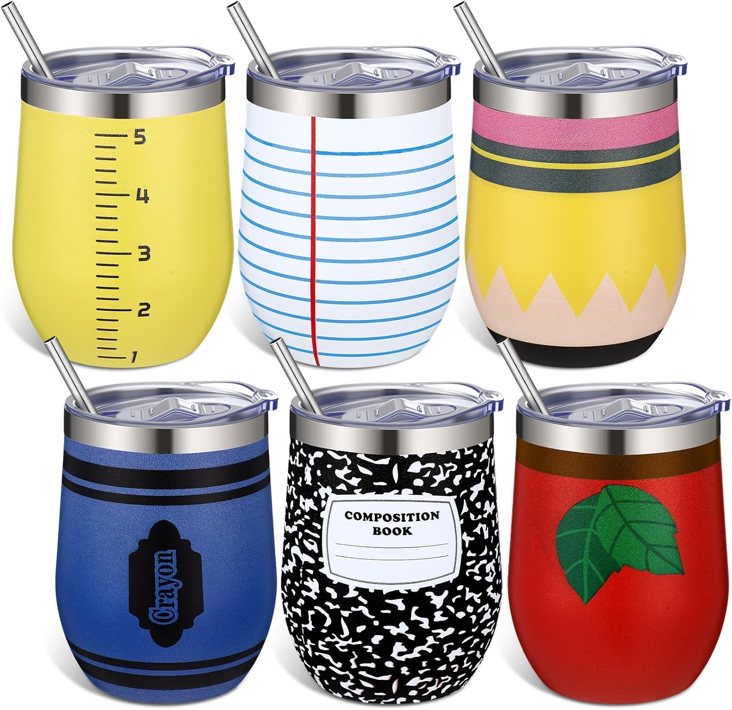 Geiserailie 6 Pcs Teacher Appreciation Gifts Composition Book Notebook Theme 12 oz Tumbler Kindergarten Teachers Thank You Gift Cups for Women Teacher's Day Preschool Classroom Retirement Party Favors