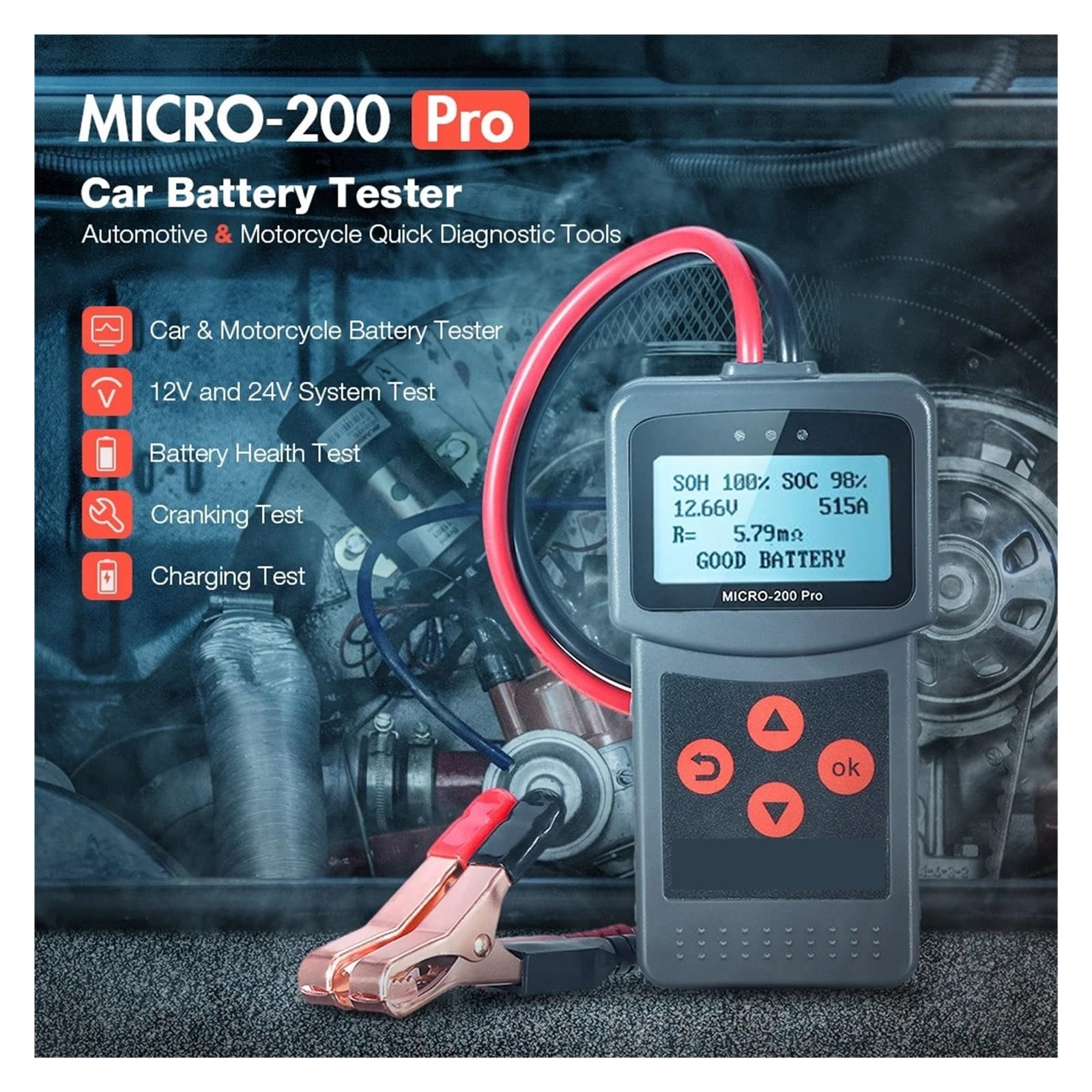 Tester AkumulatoróW Tester Akumulatora Samochodowego 12V 24V 40-2000 CCA Ładowanie Rozruchowe Analizator Akumulatora Motocykla Narzędzia Ze Światłem LED