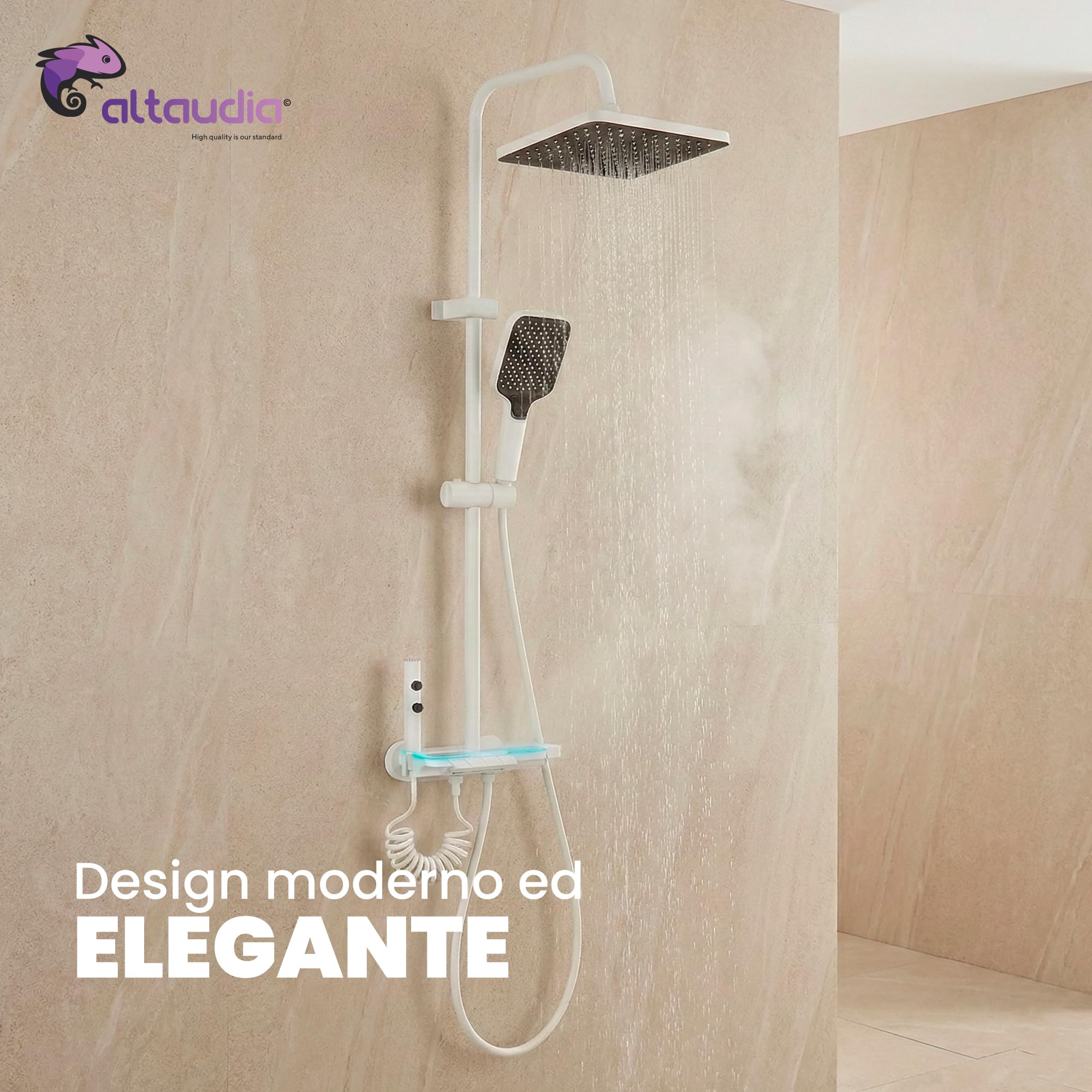Colonna Doccia Termostatica con Display LED - 4 Vie (Pioggia 30×20 cm, Doccetta, Spray 3 Modalità, Getto), Materiale Inox/ABS, SX Caldo/DX Freddo, Altezza Regolabile, Colore Bianco