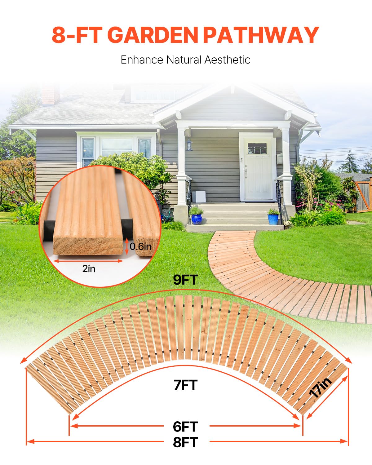 VEVOR Chemin de Jardin en Bois, 253x43 cm, Allée de Jardin Incurvée Déroulante Antidérapante Décorative en Cèdre avec Connexion par Câble Métallique, pour Fêtes, Mariages, Cour, Terrasse, Extérieur