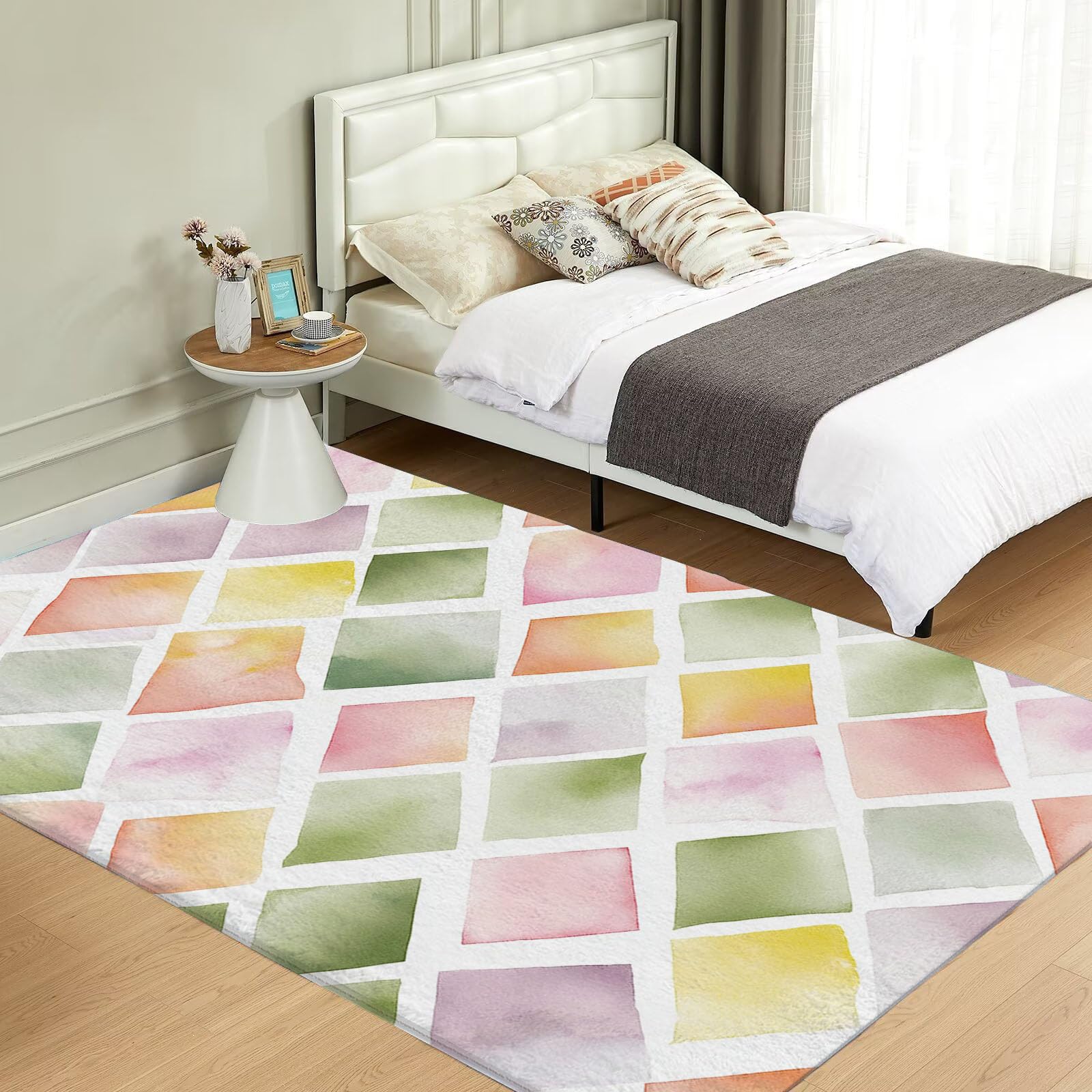 Tapis Salon 120X180Cm, Losange Abstrait Tapis Doux Poils Courts Aquarelle Géométrique Antidérapant Lavable pour Chambre, Décoration Intérieur Garçons Filles Adolescents, Vert Sauge