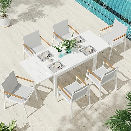 Juego de mesa de comedor extensible para patio al aire libre para 6-8 personas, mesa de aluminio al aire libre y 6 sillas con tela de textileno y