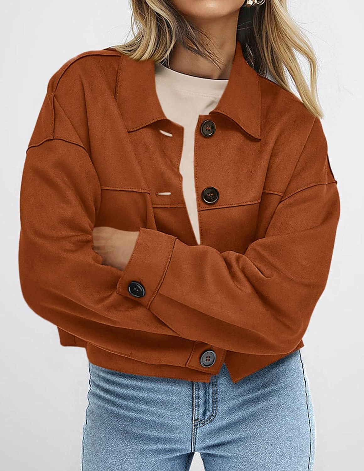 PRETTYGARDEN Women's Faux Suede Cropped Jacket Casual Lightweight Fall Fashion 2026 Winter Coats Outerwear Trendy Clothes - Image 3