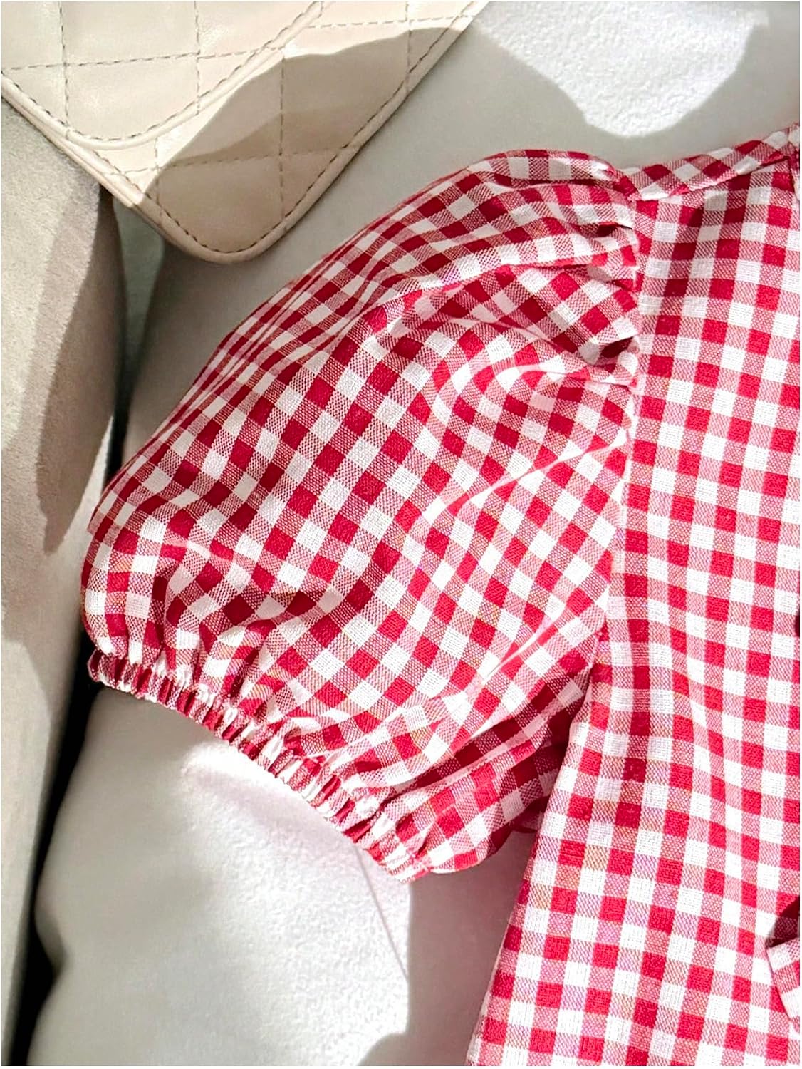 Verdusa Girl's 2 Piece Vacation Outfits Gingham Plaid Bow Puff Sleeve Babydoll Tops with Shorts Cute Summer Sets