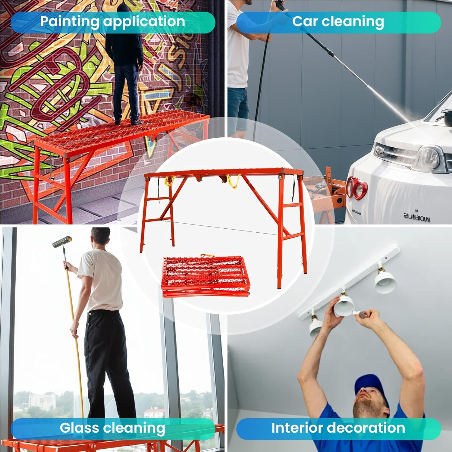 69"x15" Folding Scaffolding Platform, 5-Level Height Adjustable Work Platform with Anti-Slip Surface, 850 Lbs Capacity Stair Ladder, Portable Scaffolding Ladder for RV, Painting, Construction