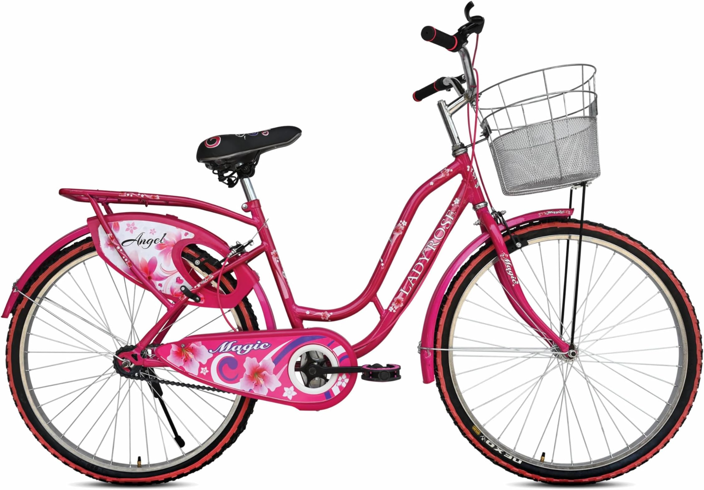 26T Magic Lady Rose Angel Bicycle for Girls/Women with Inbuilt Carrier - MASH Steel Basket - Dress Guard - Full Chain Cover (Single Speed)