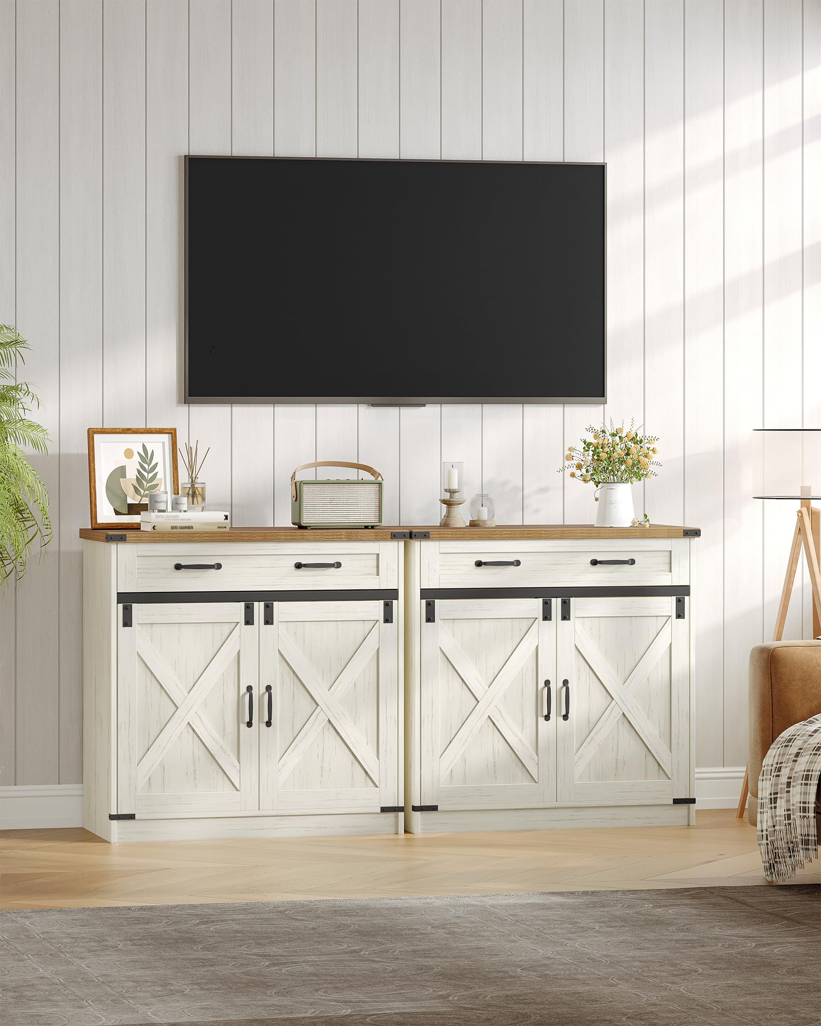 Hzuaneri Meuble Cuisine, Buffet à 1 Tiroir, Meuble de Rangement à 2 Portes, Étagères Réglables, Style Cottage, Cuisine, Salon, 40 x 80 x 80 cm, Blanc Rustique et Marron Miel, SC84814X