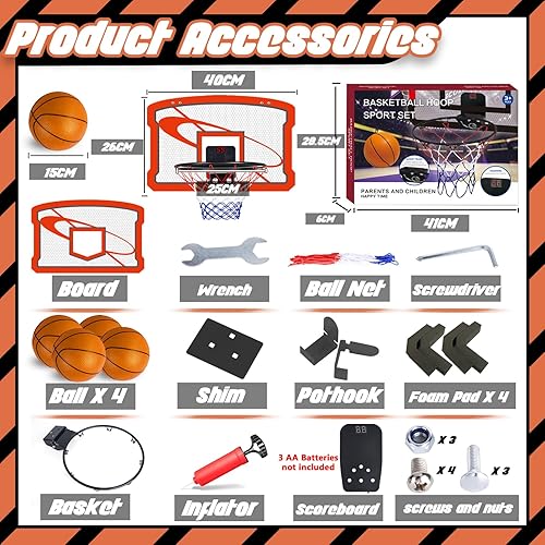 Miniatura 6 de TEUVO Aro de baloncesto para interiores para niños y adultos, mini aro de baloncesto con marcador electrónico, 4 bolas sobre la puerta, mini aros