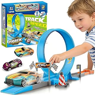 Pista Macchinine, Pista Flessibile Macchinine, Garage Macchine per Bambini, Giocattolo da Corsa con Loop a 360°e 2 Auto Ritirate Veloci, per Macchine da Corsa, Regali per Bambini
