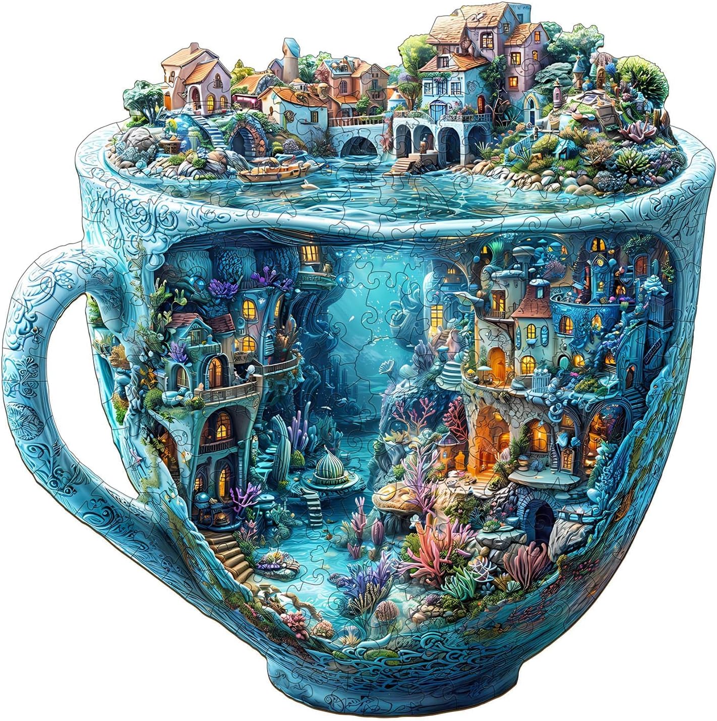 Wooden Puzzles for Adults, Ocean Mug Wooden Jigsaw Puzzle for Adults, Unique Shaped Wood Puzzles Adult, Dreamy City Scenery Puzzle, Fun Gifts & Home Decor (M-11.4 * 11.4in - 190 pcs)