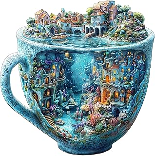 Wooden Puzzles for Adults, Ocean Mug Wooden Jigsaw Puzzle for Adults, Unique Shaped Wood Puzzles Adult, Dreamy City Scenery Puzzle, Fun Gifts & Home Decor (S-8.5 * 8.5in - 100 pcs)