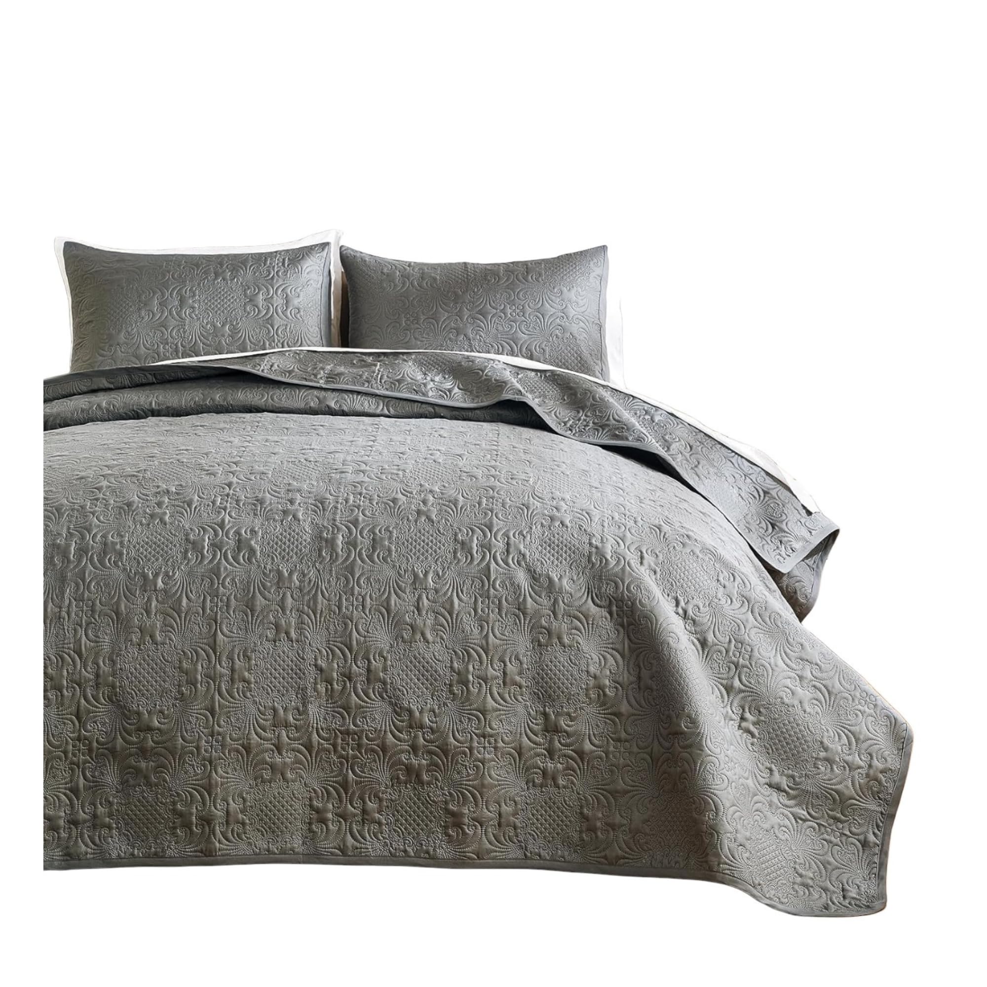 Indigo & Poppy Bedspreads King Size Soft Lightweight Summer Bedspread Vintage Flower Pattern Breathable - Polyester Ultrasonic Quilting Technology Coverlet Set with Pillow Shams, Grey 270x243cm