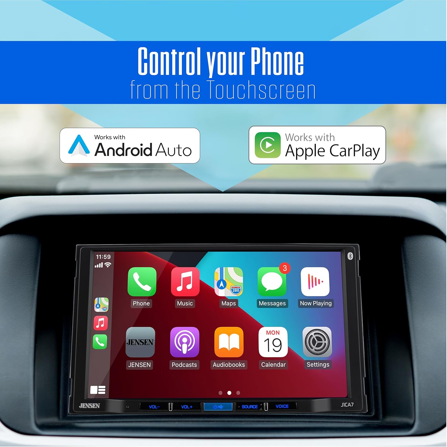 JENSEN J1CA7-BUC 7-inch Certified Apple CarPlay Android Auto | Double DIN Touchscreen Car Stereo Radio | Bluetooth Hands Free Calling & Music Streaming | Backup Camera Included | USB Charging