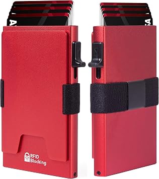 Minimalist Mens Card Holder Wallet, RFID Blocking Slim Smart Pop Up Aluminum Wallet,Holds 12+ Cards,Expandable Compact Plate,Cash Strap/Money Clip Red