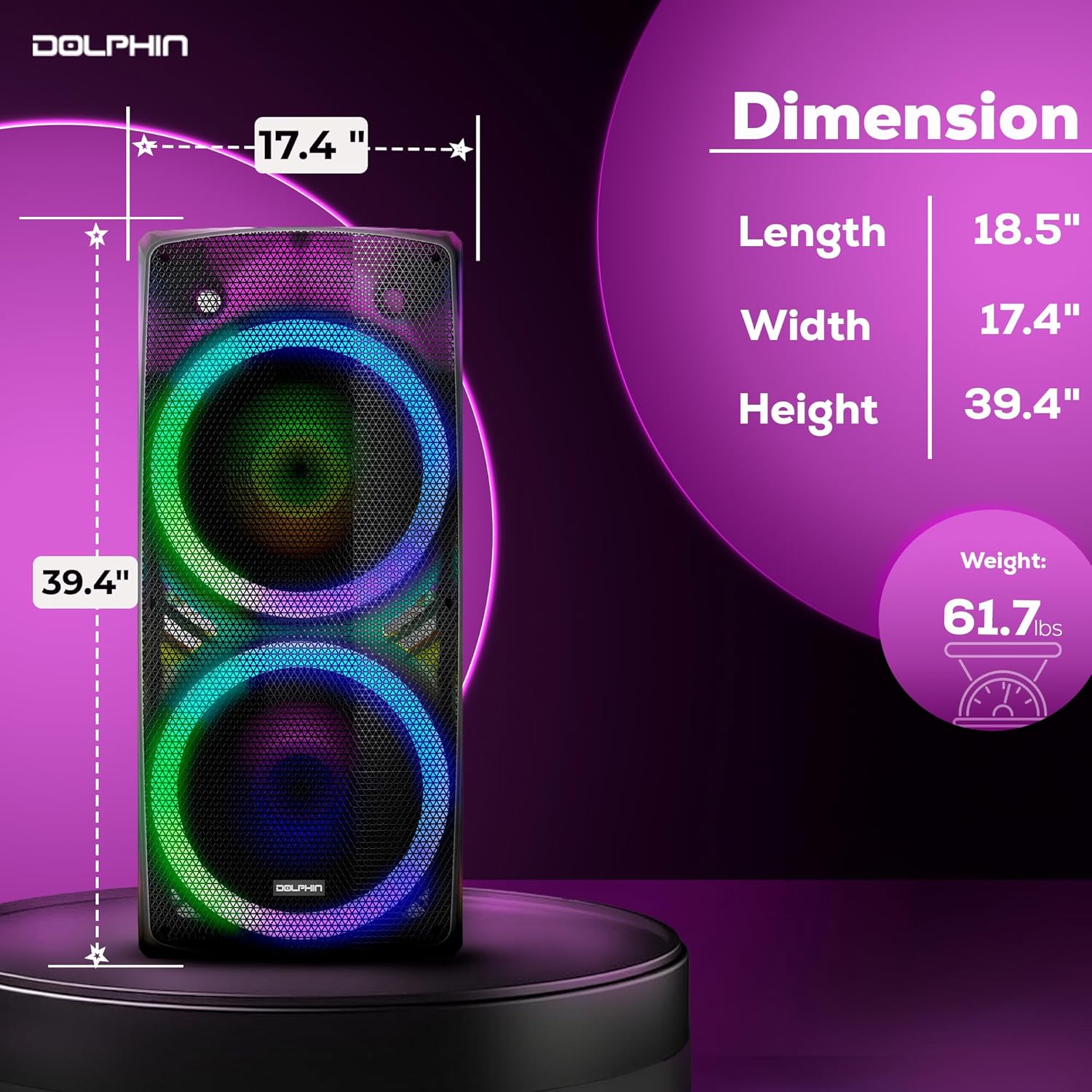 Dolphin Elite 290 Bluetooth Party Speaker – Dual 15" Big Speaker with Wireless Microphone, XLR Input, 200W RMS, Translucent Cabinet, Deep Bass, LED Light Show, High Clarity Sound, DJ & Karaoke Ready