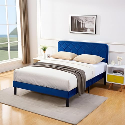 Miniatura 11 de VECELO Base de cama de tamaño matrimonial con plataforma tapizada de terciopelo de alta calidad con cabecera ajustable en altura / base de colchón,