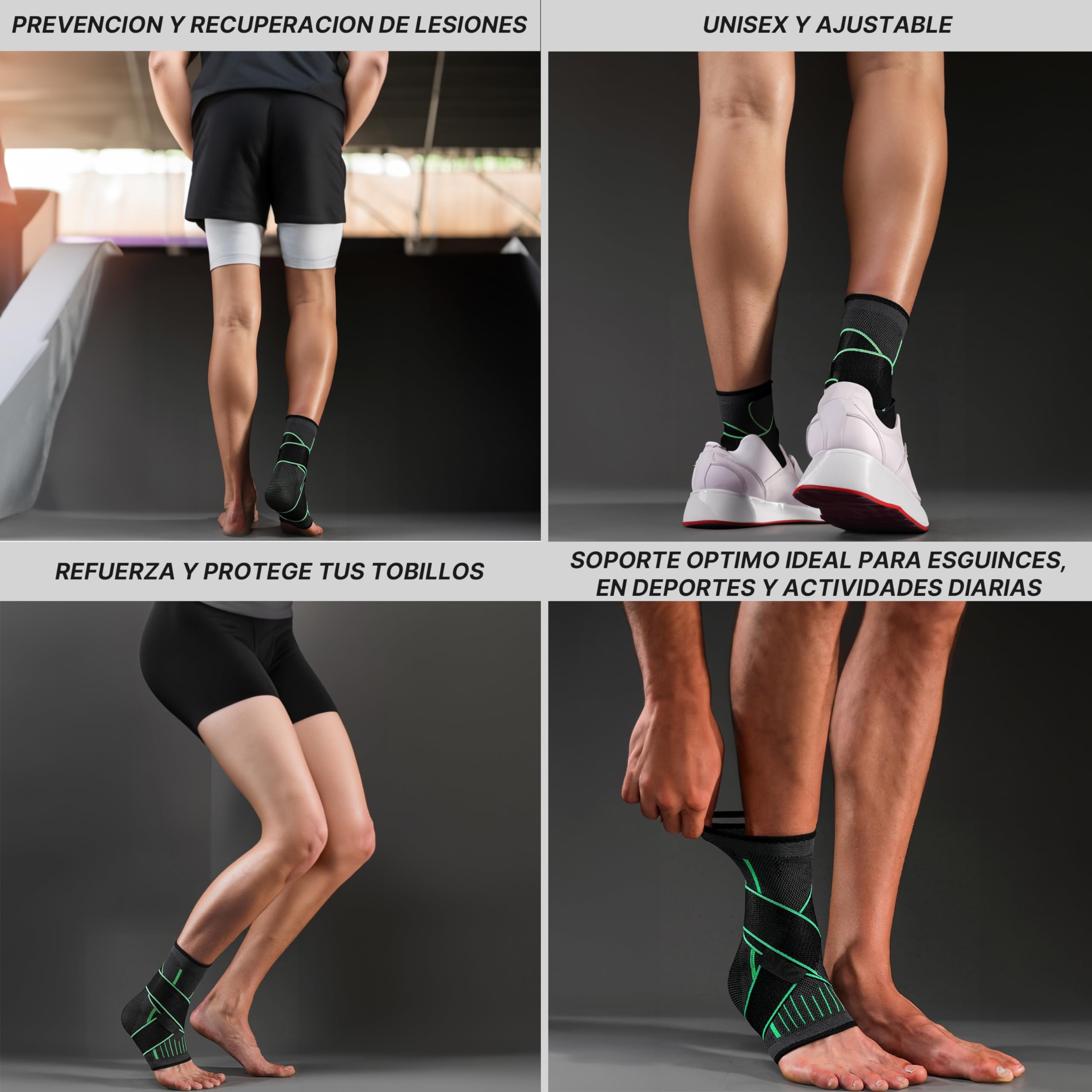 Tobilleras Deportivas De Compresión, Pack De 2 Verde Y Negra, Tobillera Estabilizadora Ajustable,Tobillera Para Futbol Y Tendón de Aquiles, Ankle Brace Deportivo (Medium)