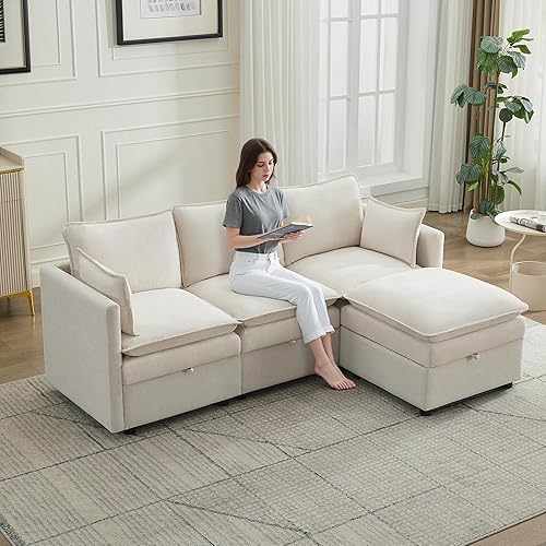 Miniatura 7 de Cloud - Sofá modular de 3 plazas de 80 pulgadas con otomana de almacenamiento, sofá de almacenamiento tapizado con asiento profundo, sofá