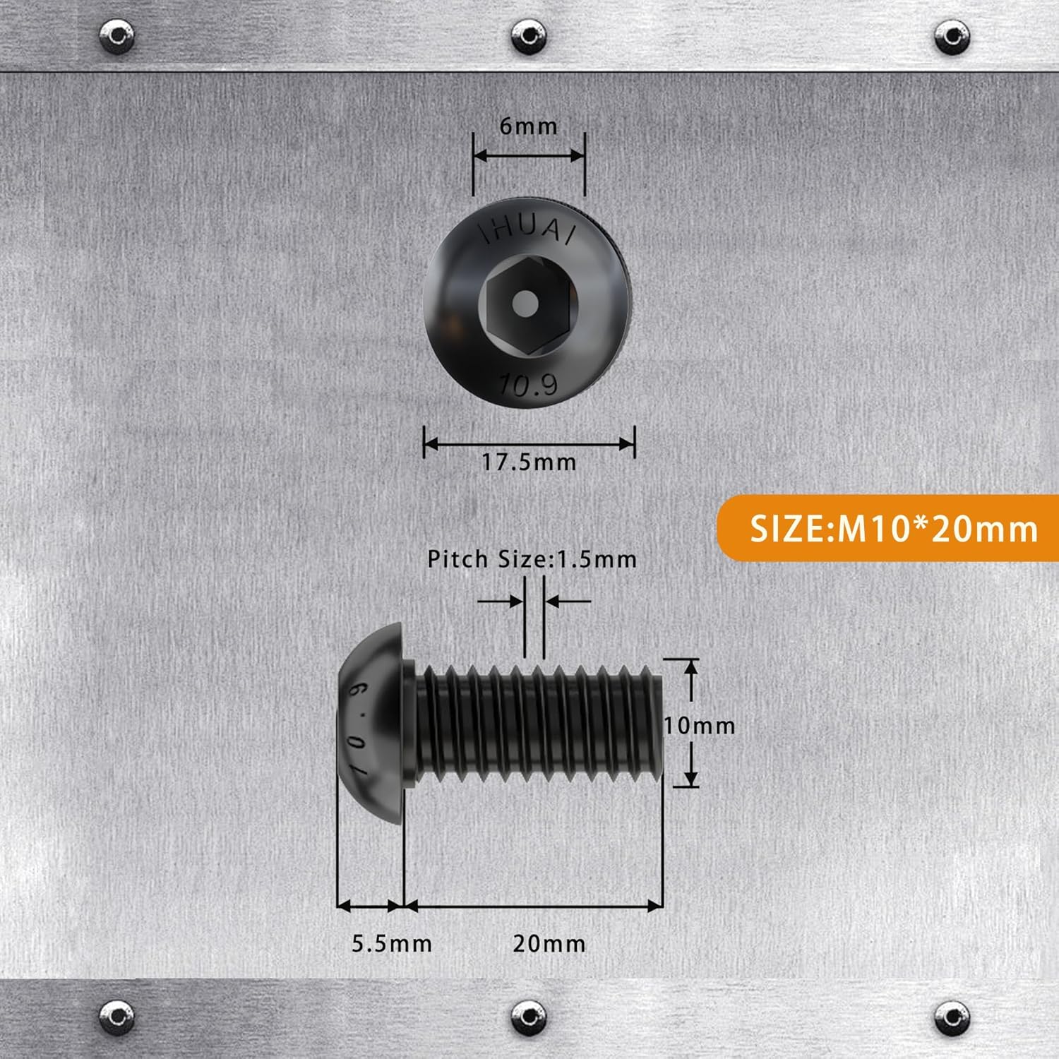 M10-1.5 x 20mm Button Head Socket Cap Screws Bolts, 10.9 Grade Alloy Steel, Black Oxide Finish, Machine Thread, Allen Socket Drive, Quantity 10