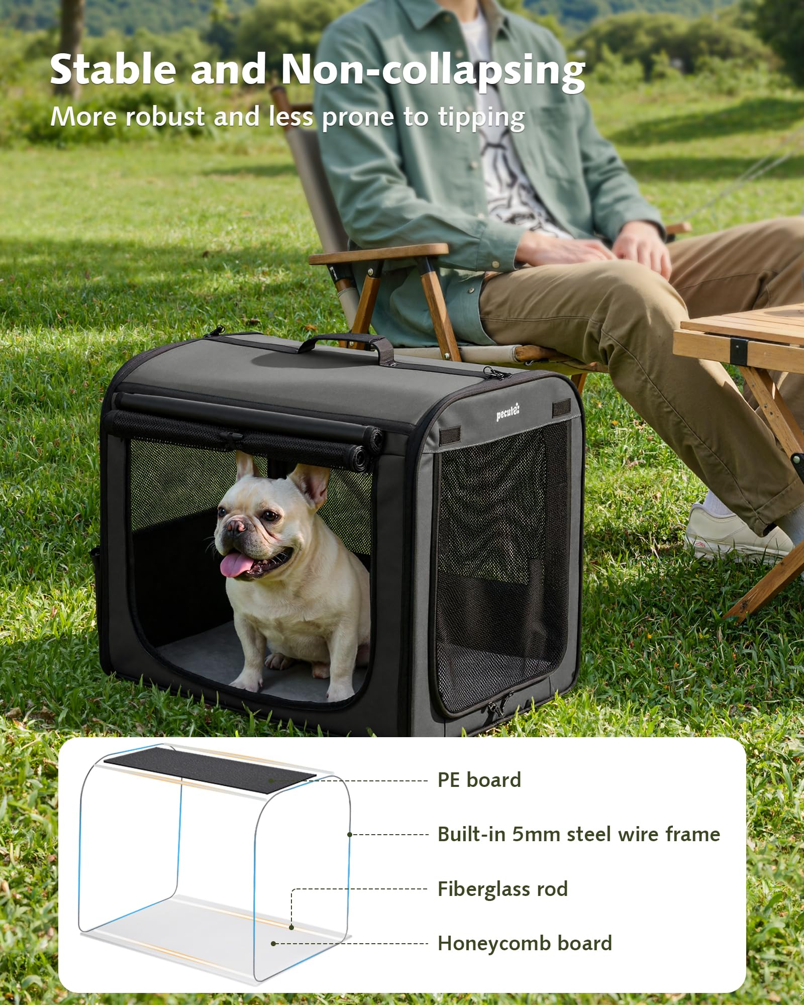 Pecute Transportin Gato Perro Plegable Jaula para Gatos Perros Casa de Gatos Perros con Cerradura y Correa de Seguridad Ajustable, Apto para Coches, Tiendas de Campaña para Mascotas, Gris Oscuro