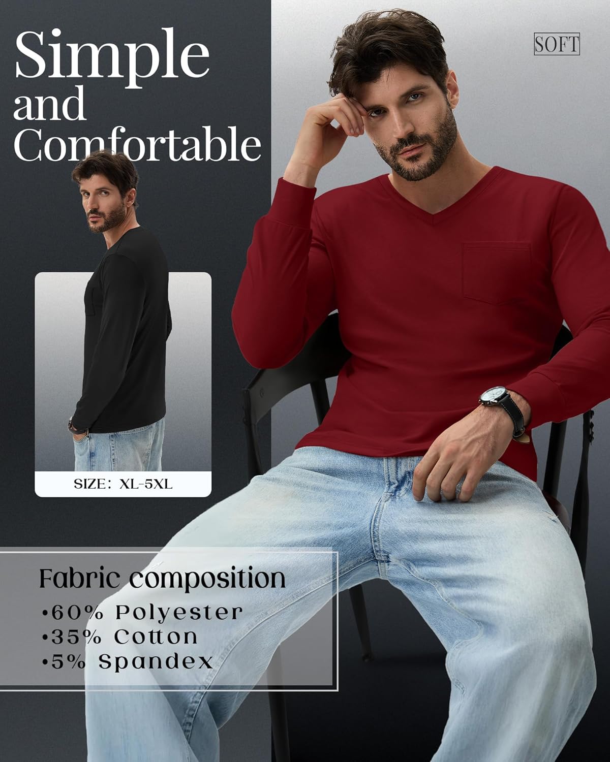 4 Pack Men's Big and Tall Shirts with Pocket, Long Sleeve V Neck Tops Loose Fit Casual Stretchy Tee Shirts - Image 5