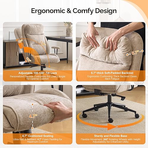 Miniatura 3 de VINGLI Silla de oficina ejecutiva de tela ergonómica de felpilla con reclinable de 100-130, silla de escritorio con respaldo alto con base